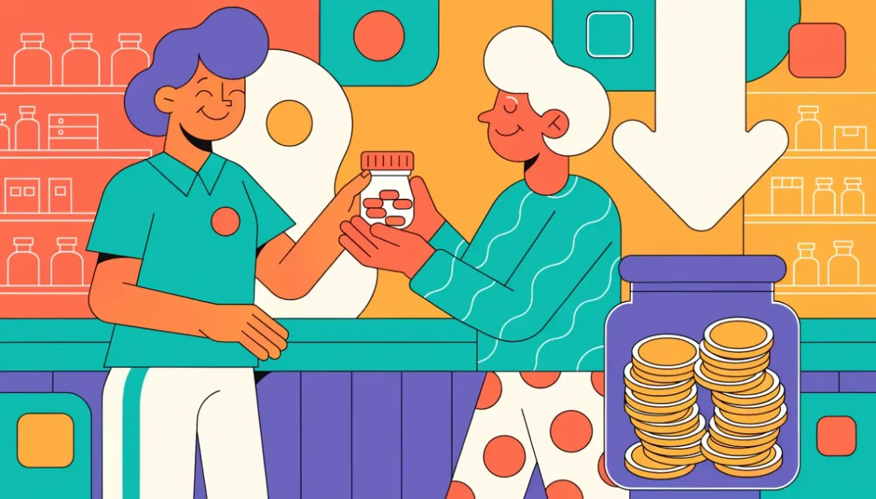 Ilustración de un farmacéutico entregando un frasco de medicamentos a una persona mayor junto a una flecha de precio a la baja