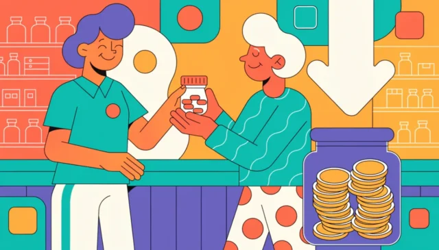 Ilustración de un farmacéutico entregando un frasco de medicamentos a una persona mayor junto a una flecha de precio a la baja