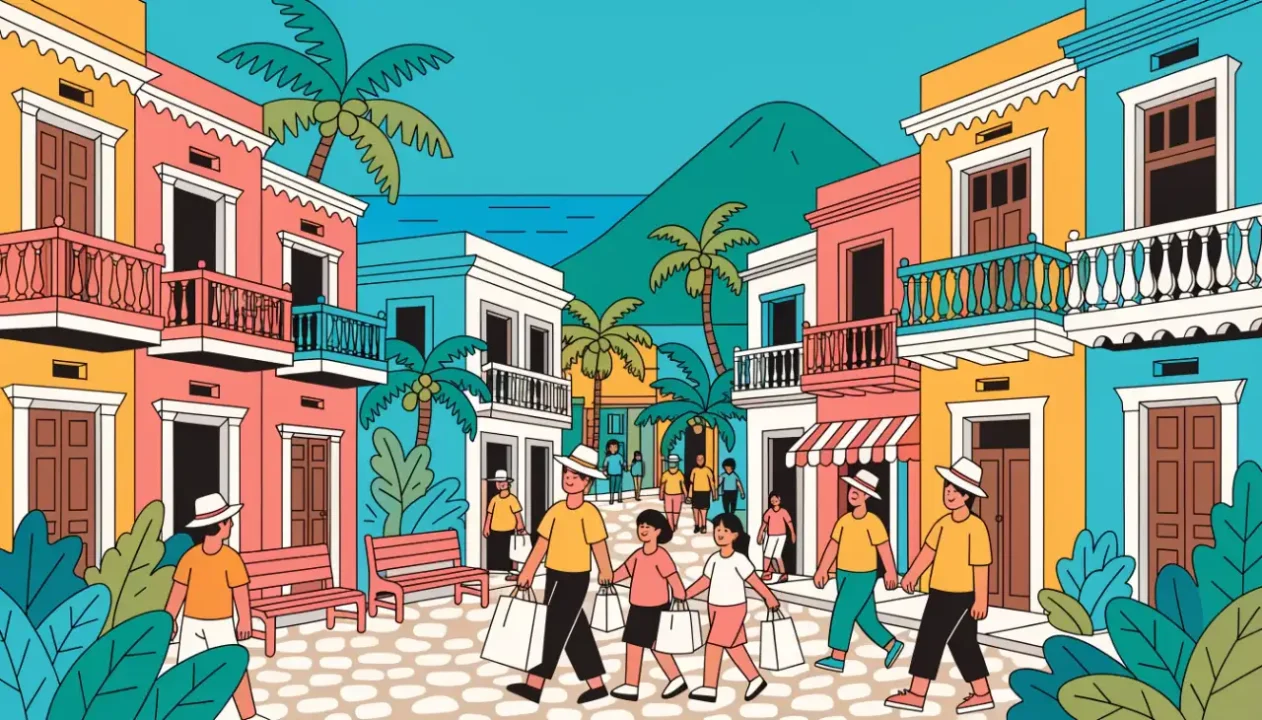 Ilustración de una familia con bolsas de la compra en una calle de casas coloniales de colores frente al mar