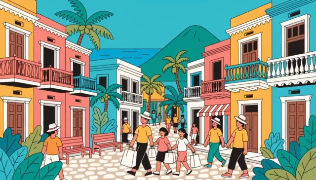 Ilustración de una familia con bolsas de la compra en una calle de casas coloniales de colores frente al mar