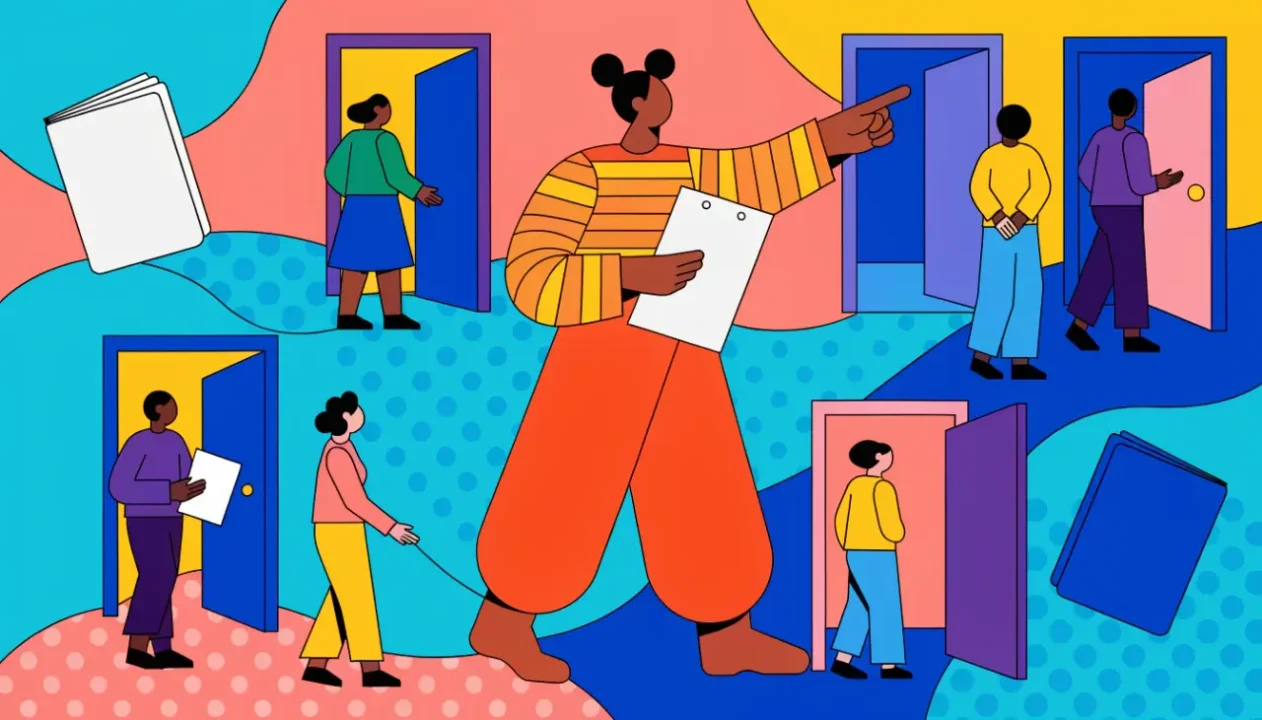 Ilustración de una orientadora señalando varias puertas abiertas de colores a un grupo de personas