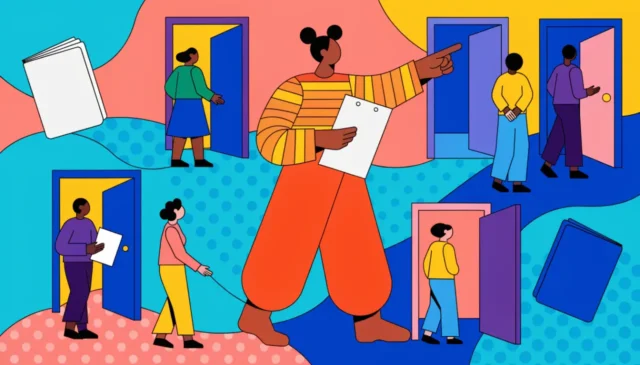 Ilustración de una orientadora señalando varias puertas abiertas de colores a un grupo de personas