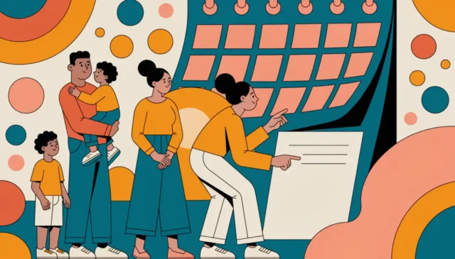 Ilustración de una familia junto a un calendario de pared y una persona asesorándoles con un documento