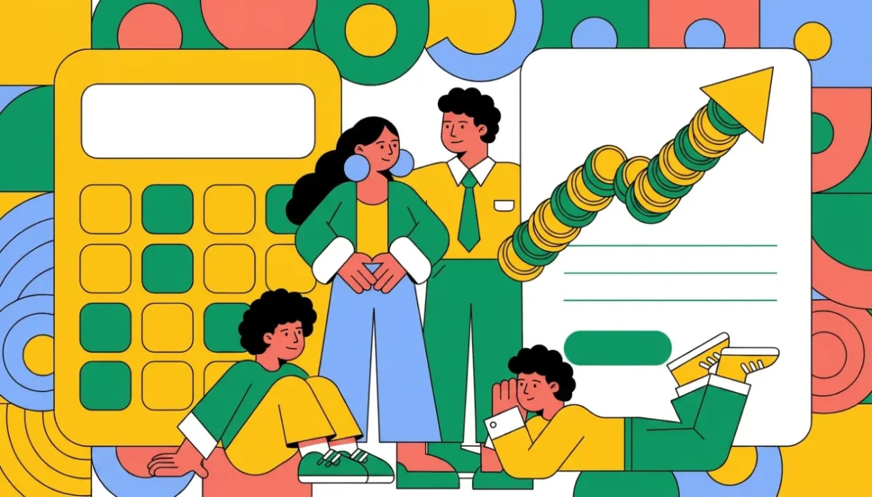 Ilustración de unos padres con dos hijos junto a una calculadora grande y un formulario de impuestos