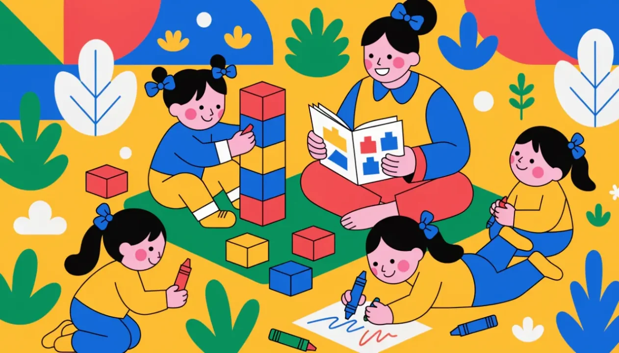 Ilustración de niños de preescolar jugando con bloques y pinturas mientras una maestra les lee un cuento