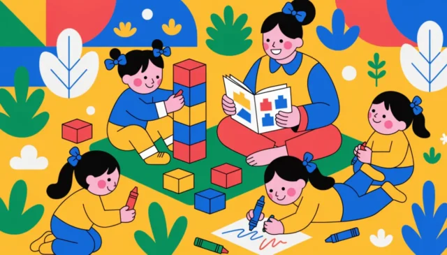Ilustración de niños de preescolar jugando con bloques y pinturas mientras una maestra les lee un cuento