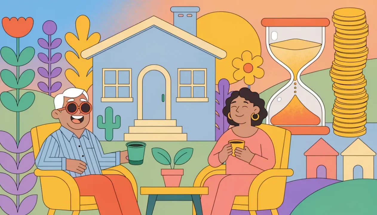 Ilustración de una pareja jubilada en el porche de su casa junto a un reloj de arena y monedas apiladas