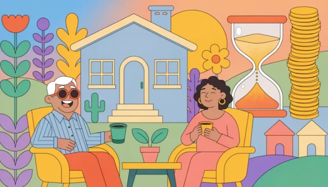 Ilustración de una pareja jubilada en el porche de su casa junto a un reloj de arena y monedas apiladas