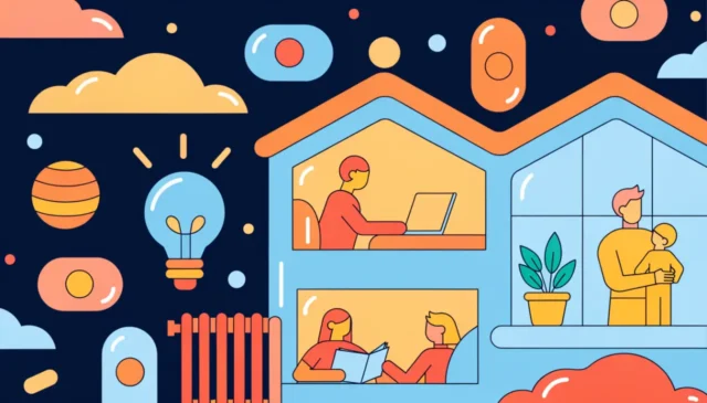 Ilustración de una casa iluminada en una noche de invierno con nieve y luz cálida en las ventanas