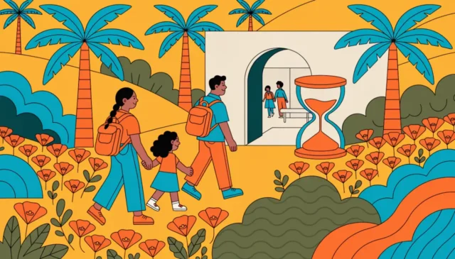 Ilustración de una familia entrando en una clínica comunitaria entre colinas doradas y palmeras