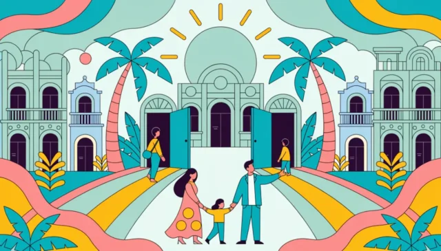 Ilustración de una familia ante dos puertas de un centro de salud entre palmeras y edificios de estilo art déco