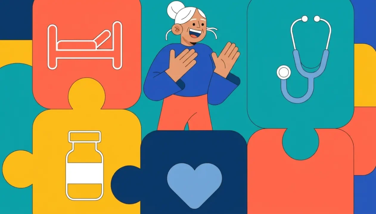 Ilustración de una persona mayor rodeada de cuatro bloques con iconos de hospital, estetoscopio, medicamentos y corazón
