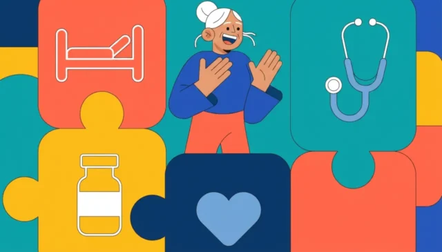 Ilustración de una persona mayor rodeada de cuatro bloques con iconos de hospital, estetoscopio, medicamentos y corazón