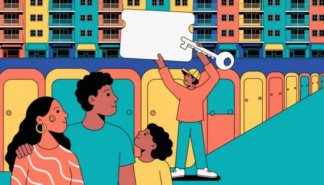 Ilustración de una familia frente a un edificio de apartamentos sosteniendo un vale de vivienda y una llave