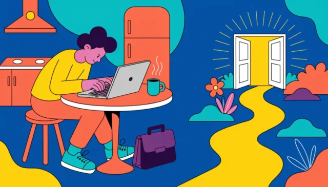 Ilustración de una persona presentando una solicitud de desempleo en un portátil desde la mesa de su cocina
