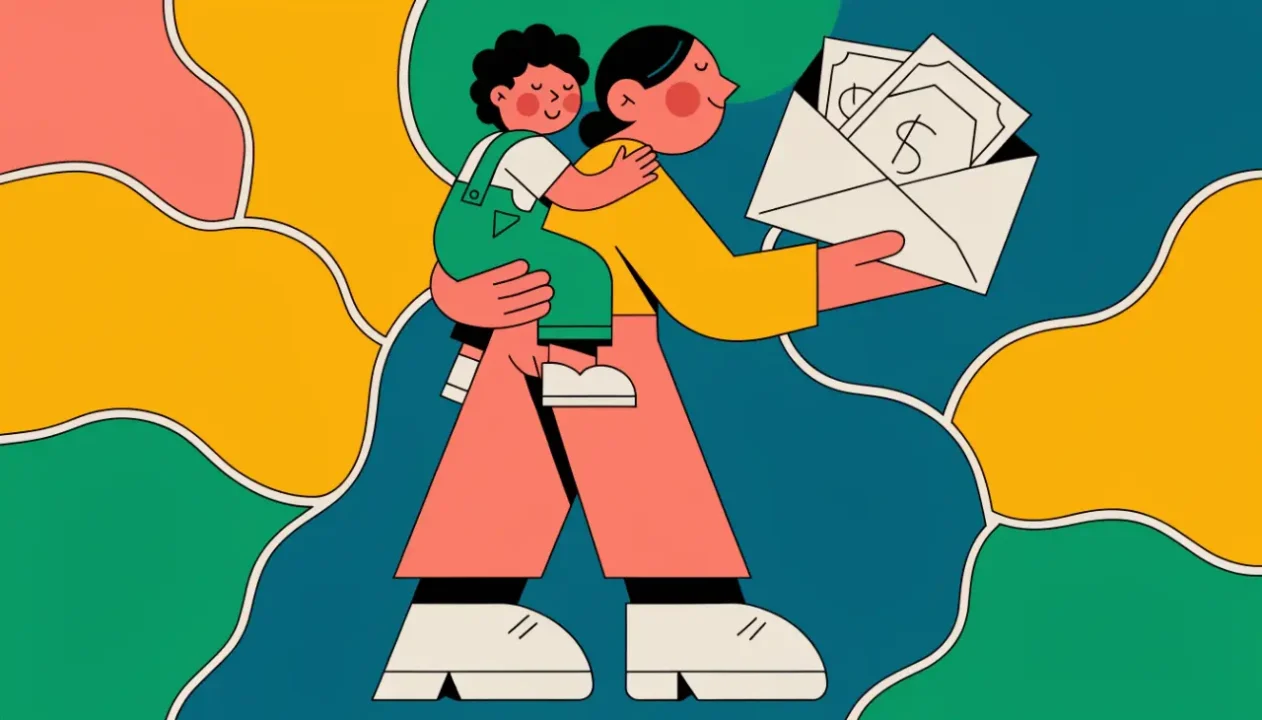 Ilustración de una madre con un niño en brazos recibiendo un sobre con dinero en efectivo
